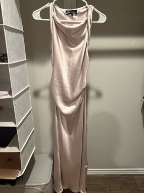 Zara XS Pale Blush Satin Cowl Neck Maxi Dress